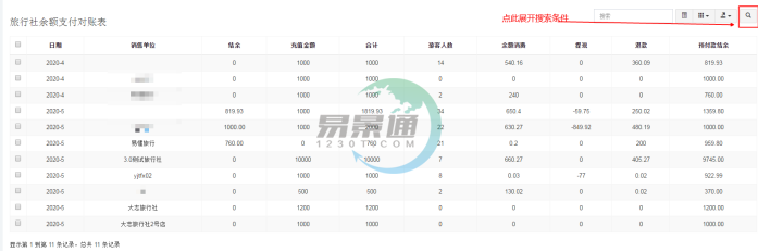 易景通景區(qū)分銷系統(tǒng)：旅行社余額支付對(duì)帳表